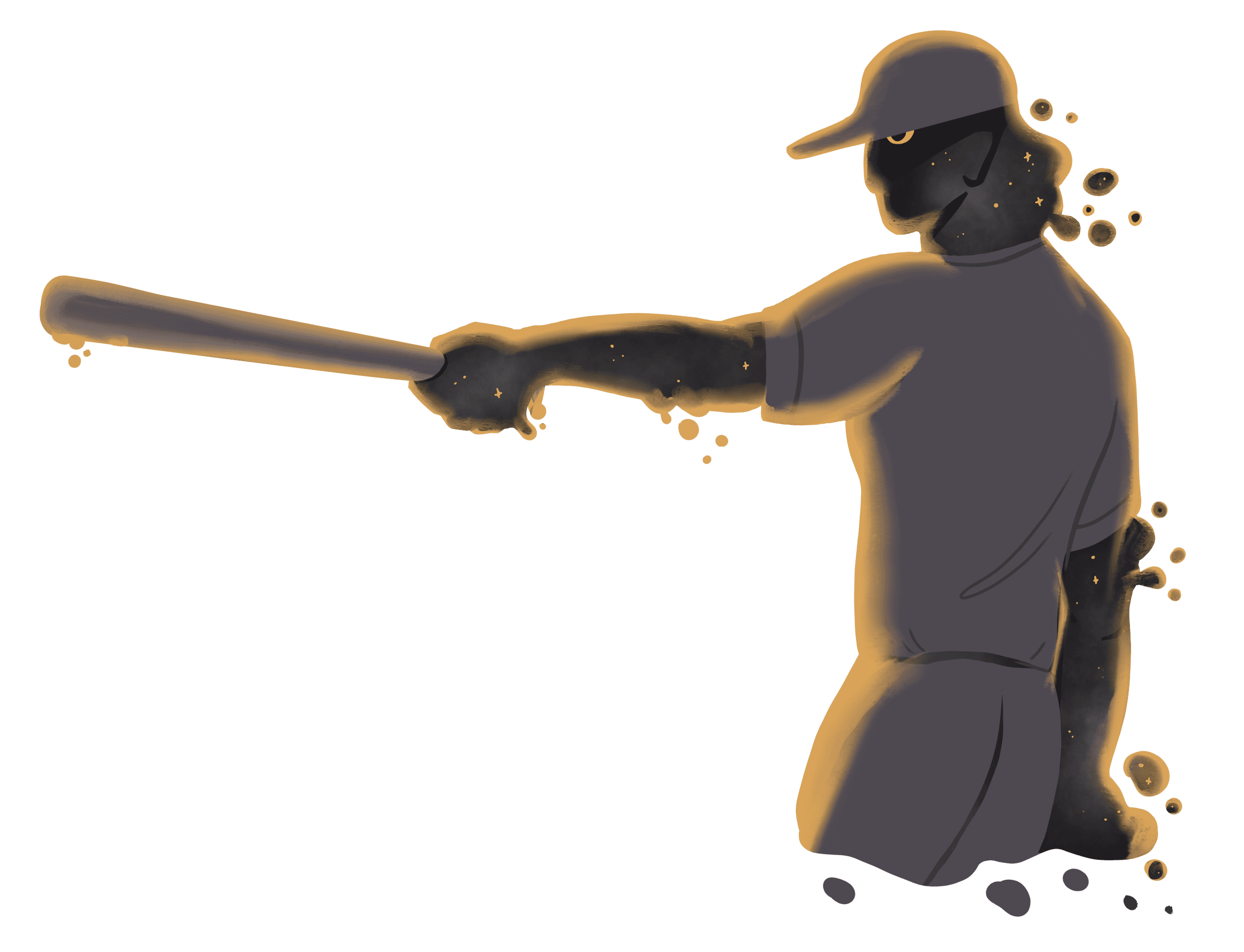 A baseball player made of space and stars holding out a baseball bat in profile. Grey and washed out highlighted by a gold glow. 